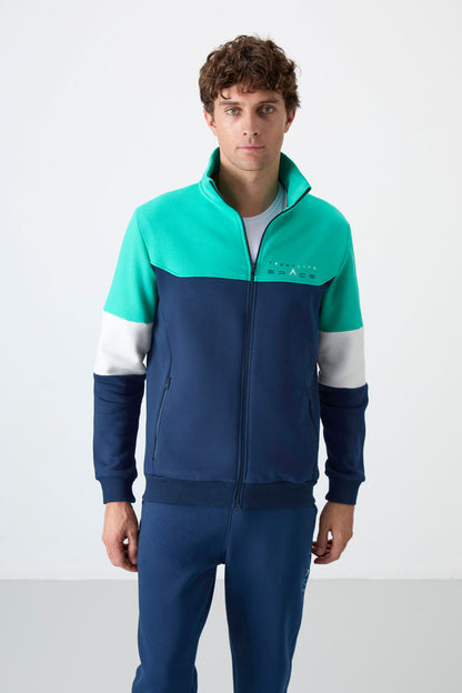 Indigo Stand-Up Collar Color Gradient Fleece-Lined Men's Tracksuit Set - 85186