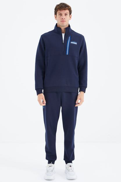 Indigo Blue Stand Collar Half-Zip Hidden Pocket Detailed Relax Fit Men's Tracksuit Set - 85221