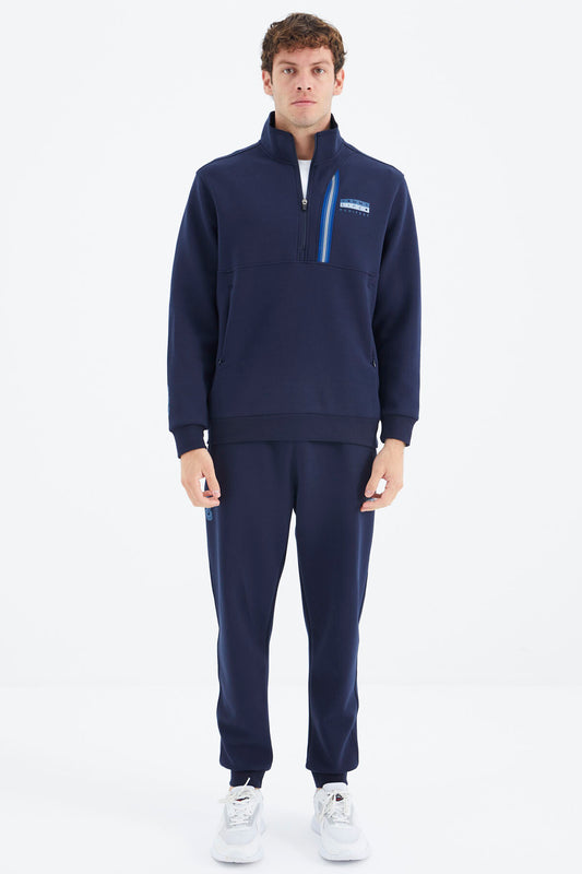 Indigo Blue Stand Collar Half-Zip Hidden Pocket Detailed Relax Fit Men's Tracksuit Set - 85221