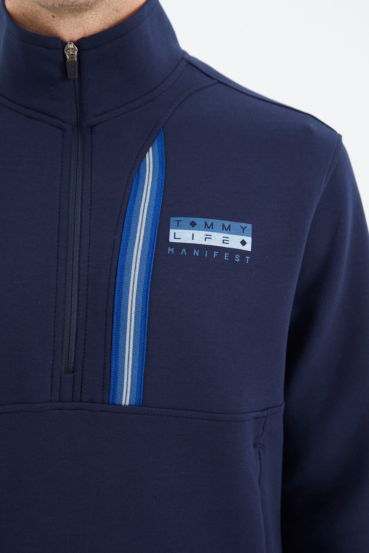 Indigo Blue Stand Collar Half-Zip Hidden Pocket Detailed Relax Fit Men's Tracksuit Set - 85221