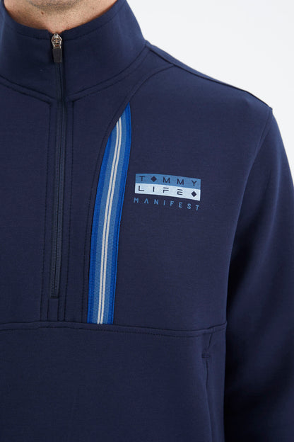 Indigo Blue Stand Collar Half-Zip Hidden Pocket Detailed Relax Fit Men's Tracksuit Set - 85221