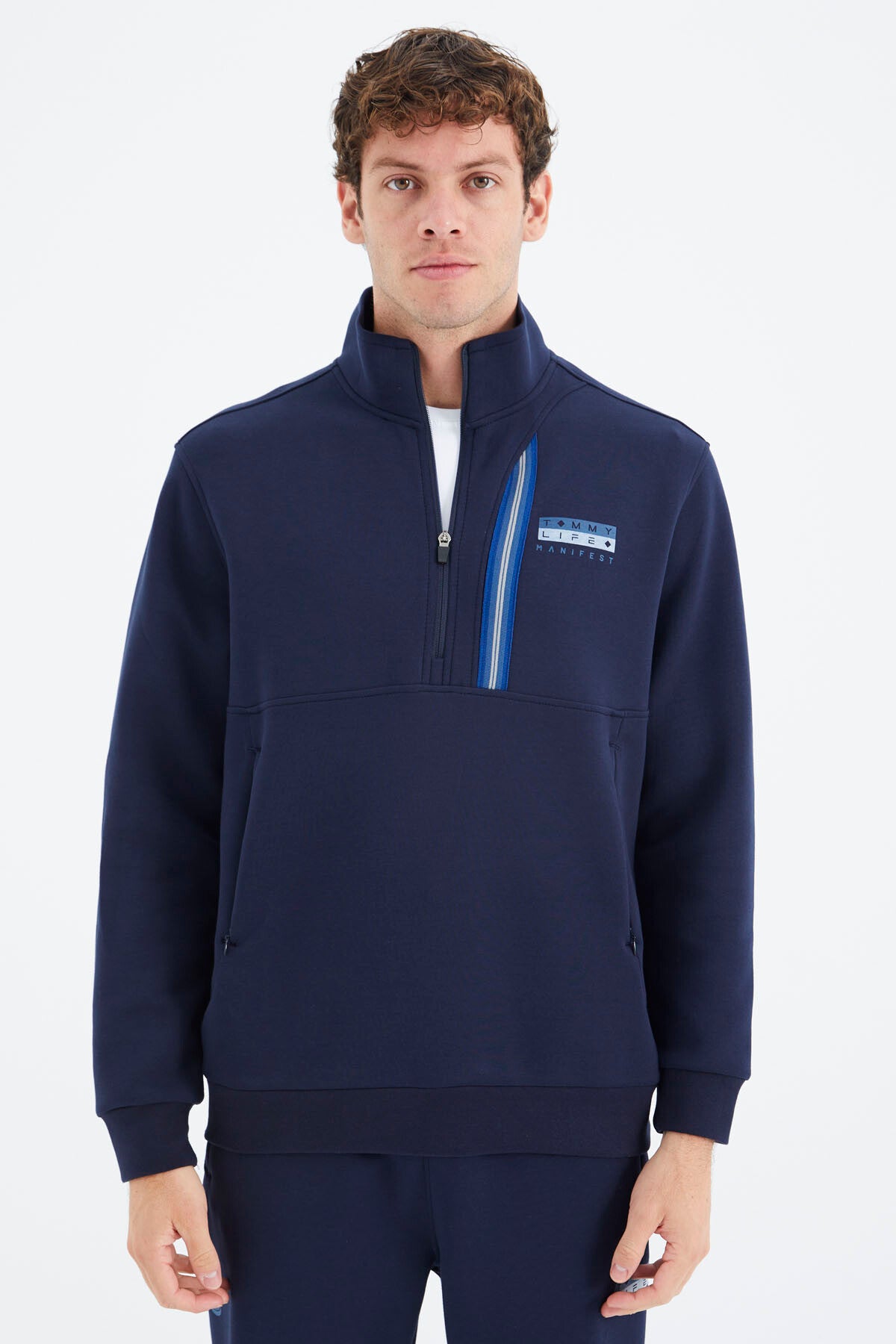 Indigo Blue Stand Collar Half-Zip Hidden Pocket Detailed Relax Fit Men's Tracksuit Set - 85221