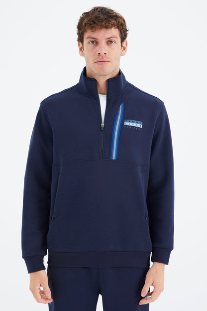 Indigo Blue Stand Collar Half-Zip Hidden Pocket Detailed Relax Fit Men's Tracksuit Set - 85221