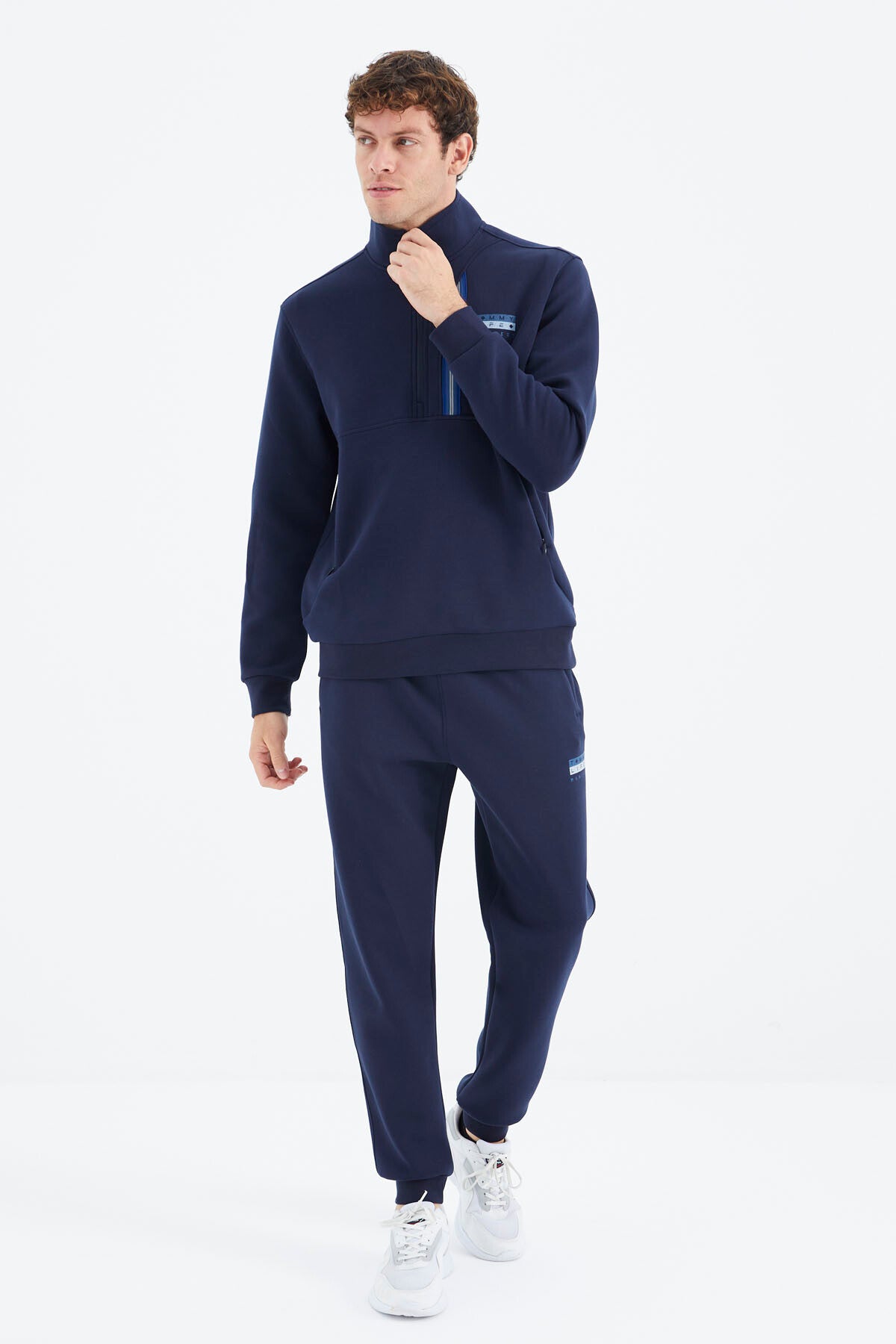 Indigo Blue Stand Collar Half-Zip Hidden Pocket Detailed Relax Fit Men's Tracksuit Set - 85221