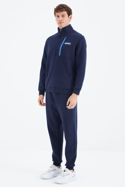 Indigo Blue Stand Collar Half-Zip Hidden Pocket Detailed Relax Fit Men's Tracksuit Set - 85221