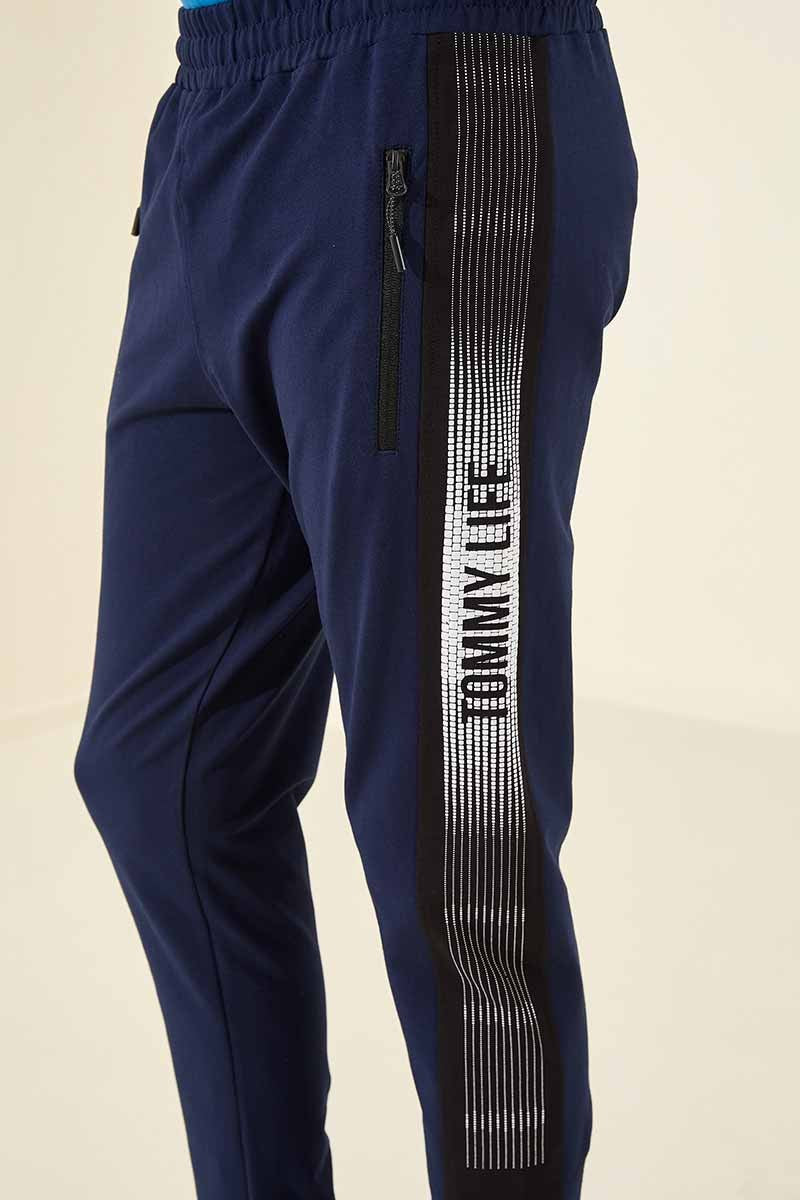 Indigo Zippered Pocket Printed Standard Fit Jogger Men's Tracksuit Bottom - 84657