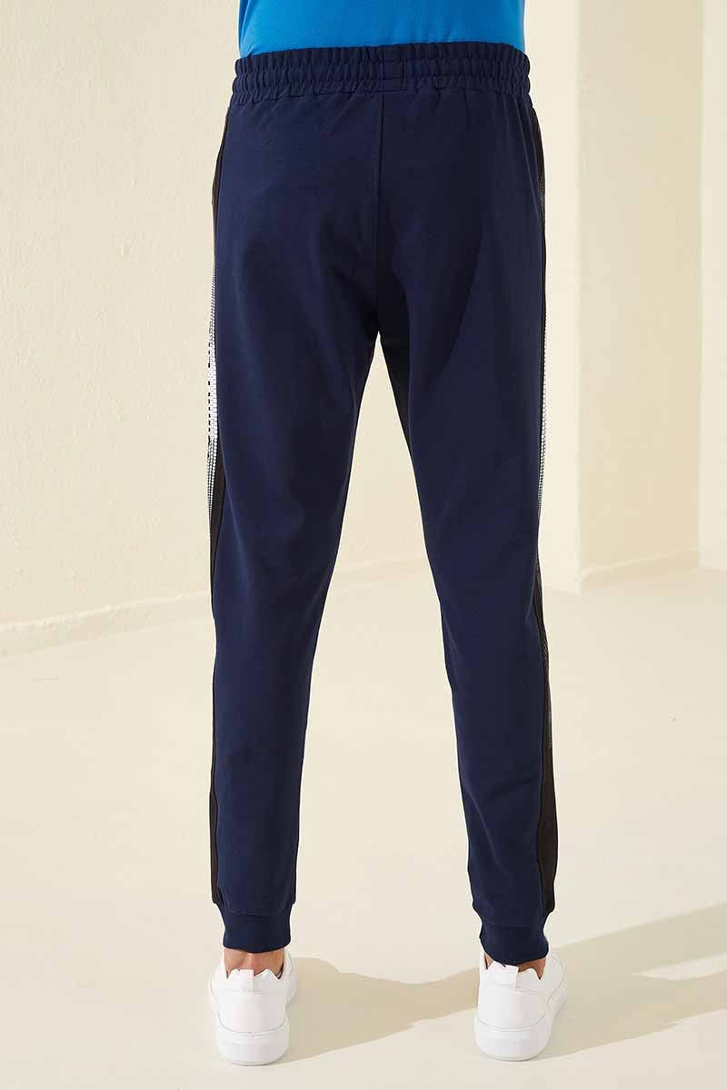 Indigo Zippered Pocket Printed Standard Fit Jogger Men's Tracksuit Bottom - 84657