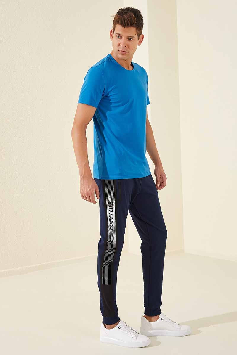 Indigo Zippered Pocket Printed Standard Fit Jogger Men's Tracksuit Bottom - 84657