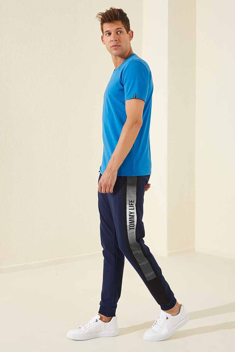 Indigo Zippered Pocket Printed Standard Fit Jogger Men's Tracksuit Bottom - 84657