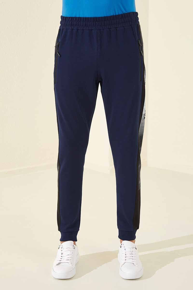 Indigo Zippered Pocket Printed Standard Fit Jogger Men's Tracksuit Bottom - 84657