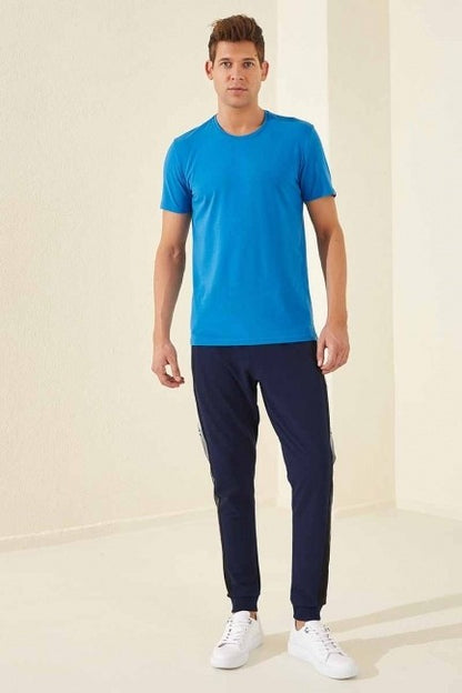 Indigo Zippered Pocket Printed Standard Fit Jogger Men's Tracksuit Bottom - 84657