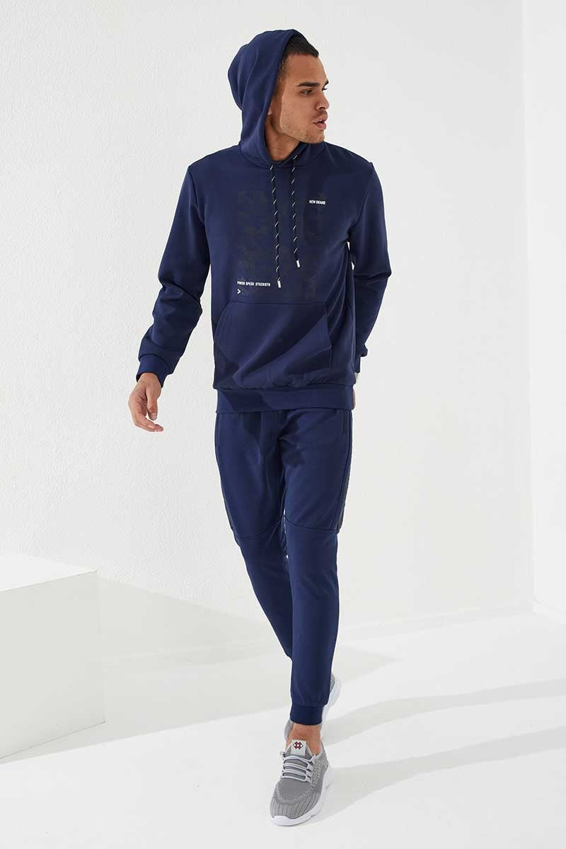Indigo Camouflage Pattern Printed Standard Fit Hooded Men's Sweatshirt - 87884