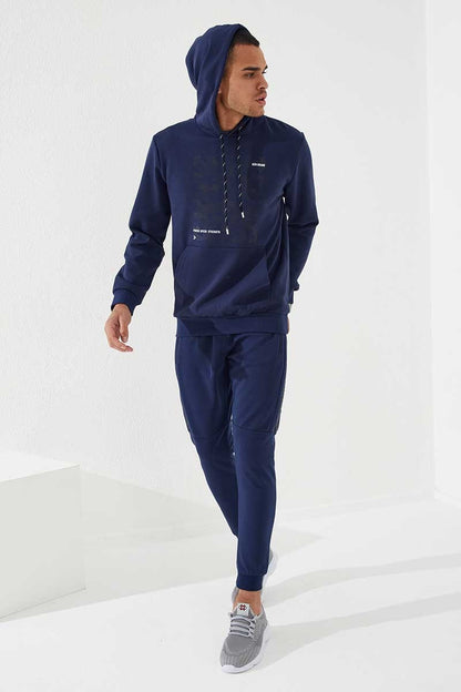 Indigo Camouflage Pattern Printed Standard Fit Hooded Men's Sweatshirt - 87884