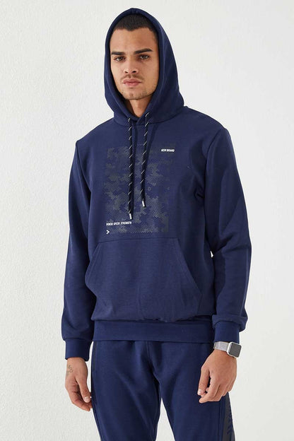 Indigo Camouflage Pattern Printed Standard Fit Hooded Men's Sweatshirt - 87884
