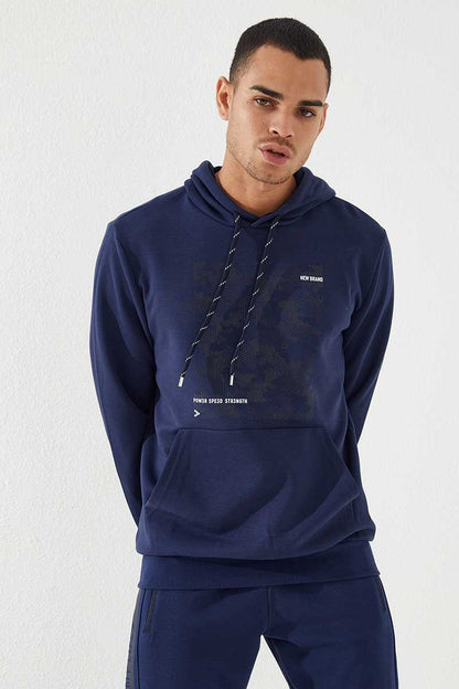 Indigo Camouflage Pattern Printed Standard Fit Hooded Men's Sweatshirt - 87884