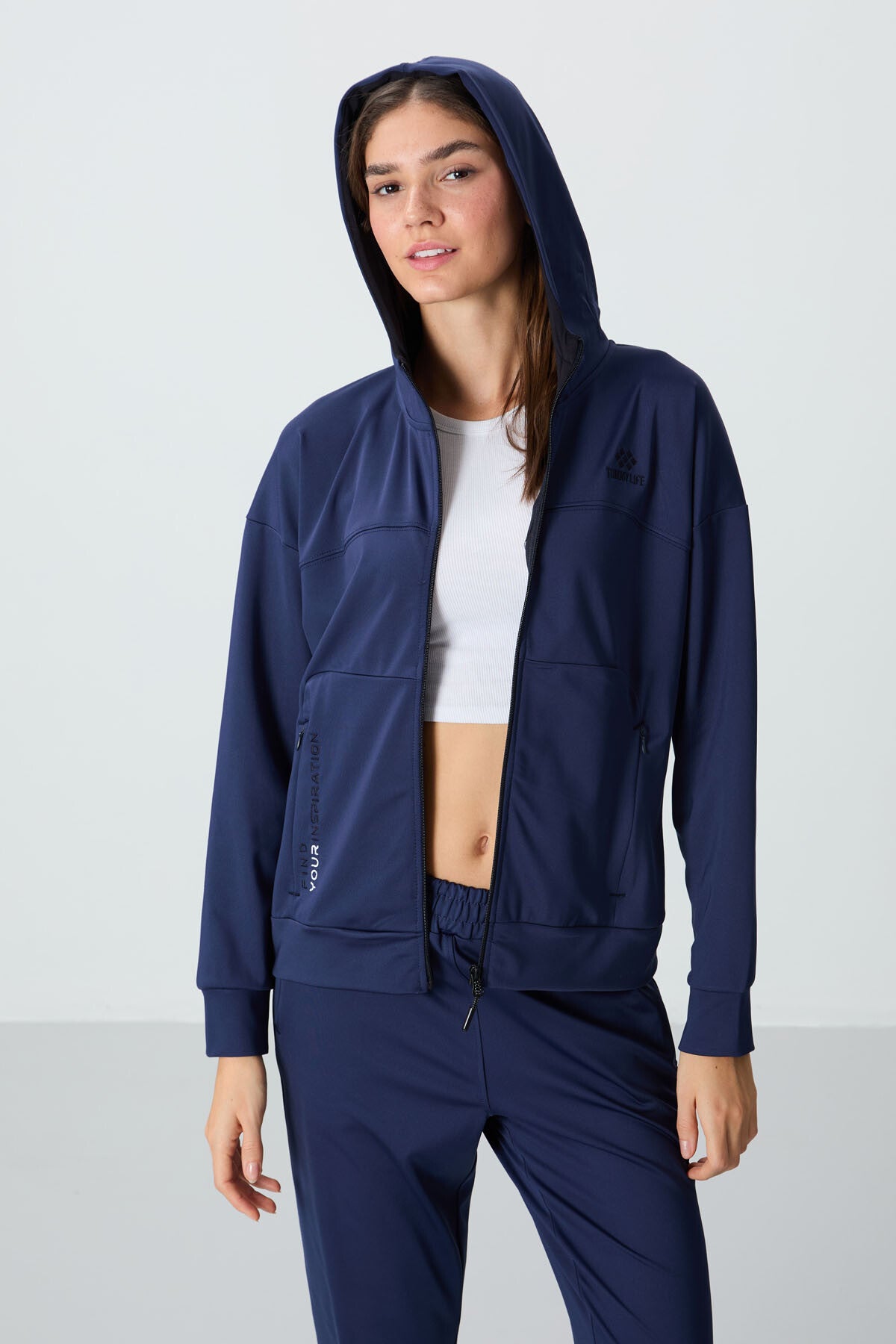 Indigo Hooded Hidden Pocket Detailed Standard Fit Women's Tracksuit Set - 95306