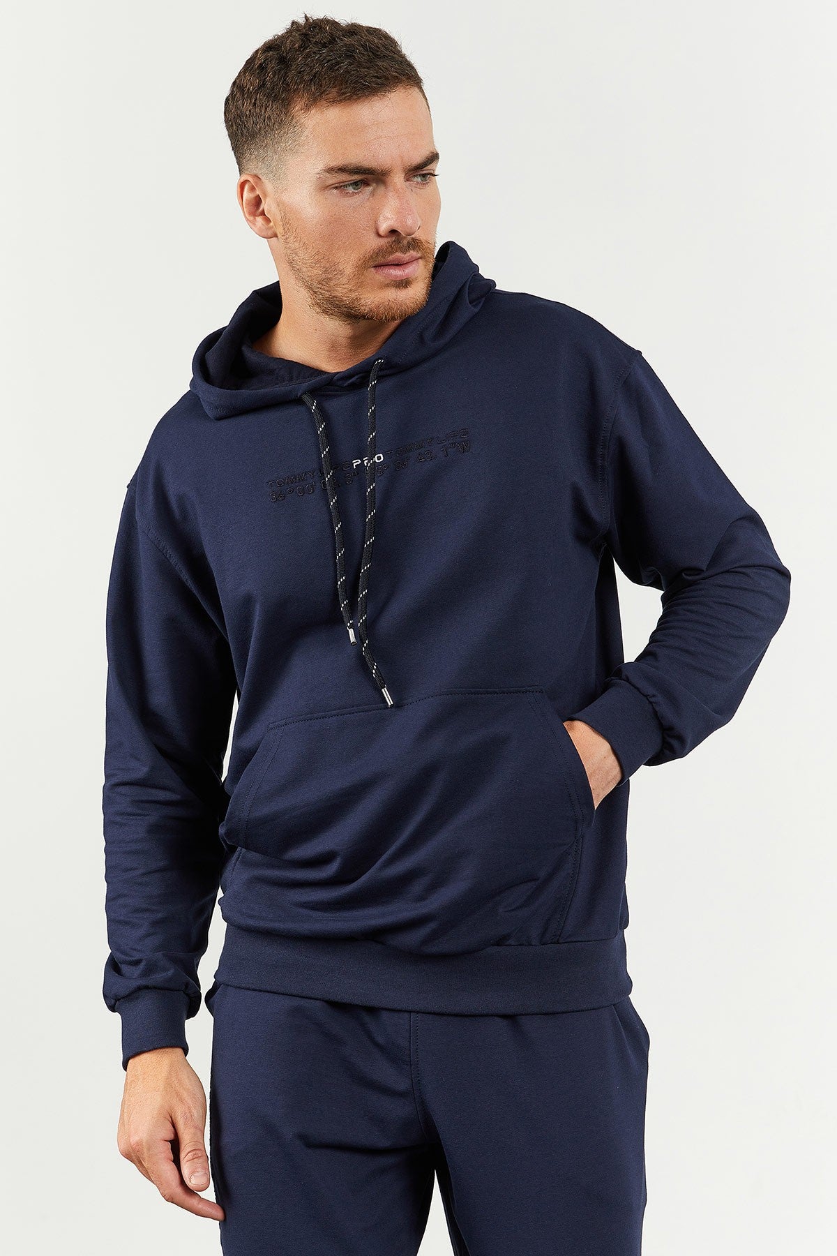 Indigo Hooded Kangaroo Pocket Elastic Cuffed Men's Oversize Tracksuit Set - 85117