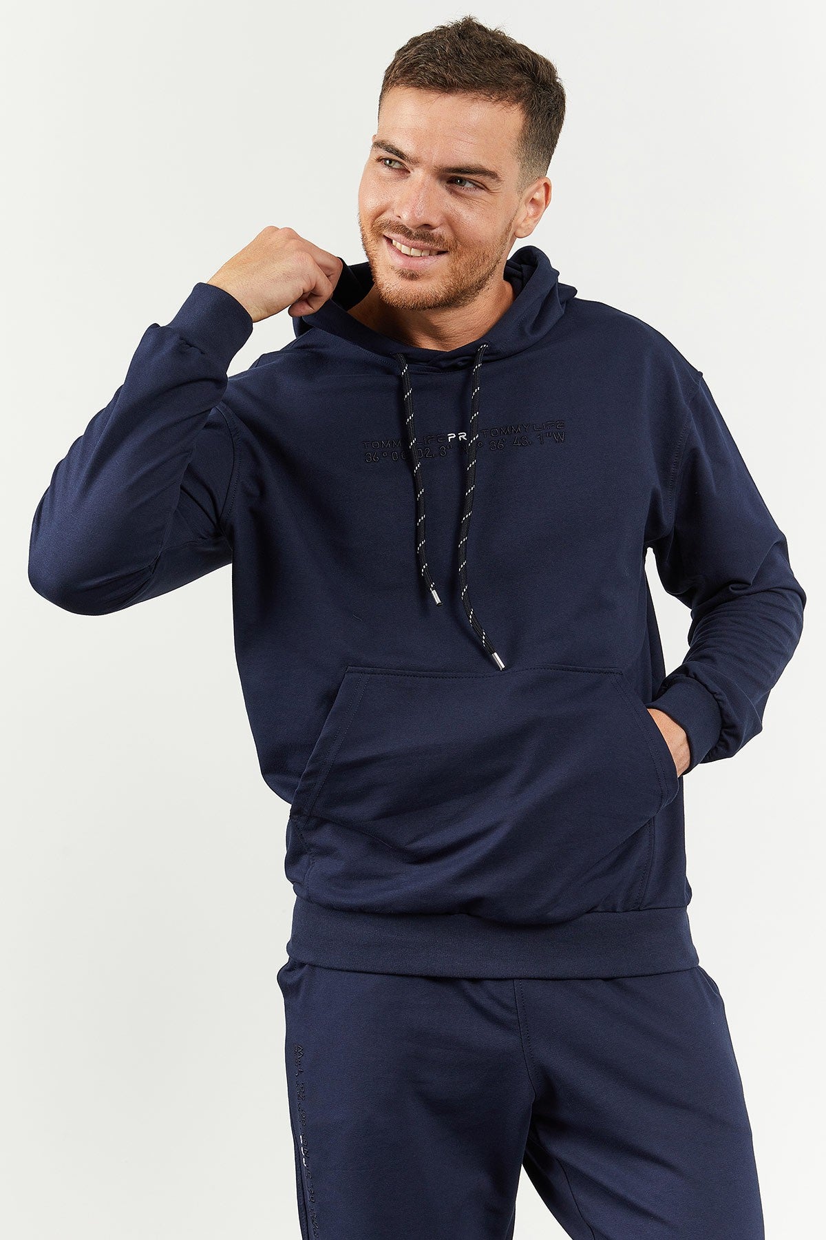 Indigo Hooded Kangaroo Pocket Elastic Cuffed Men's Oversize Tracksuit Set - 85117