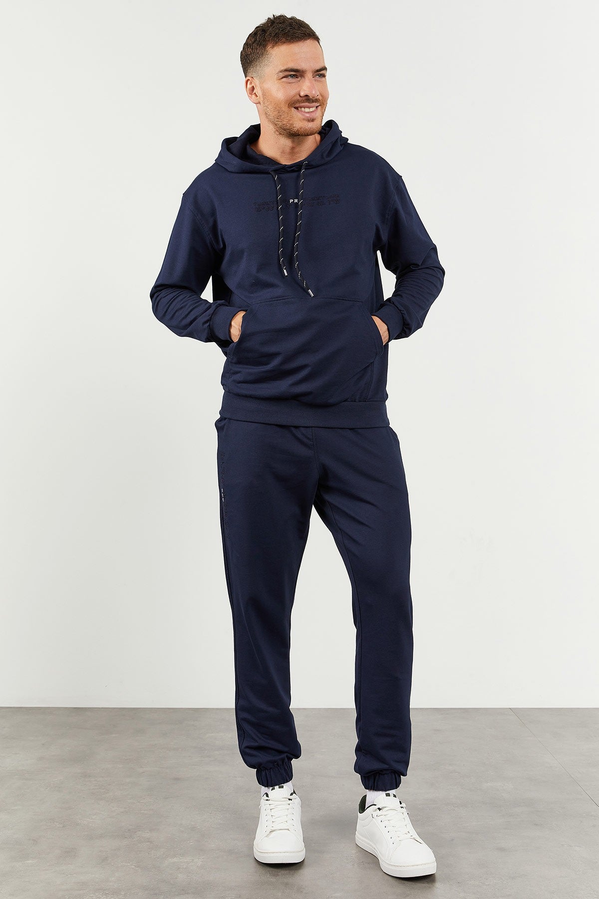 Indigo Hooded Kangaroo Pocket Elastic Cuffed Men's Oversize Tracksuit Set - 85117