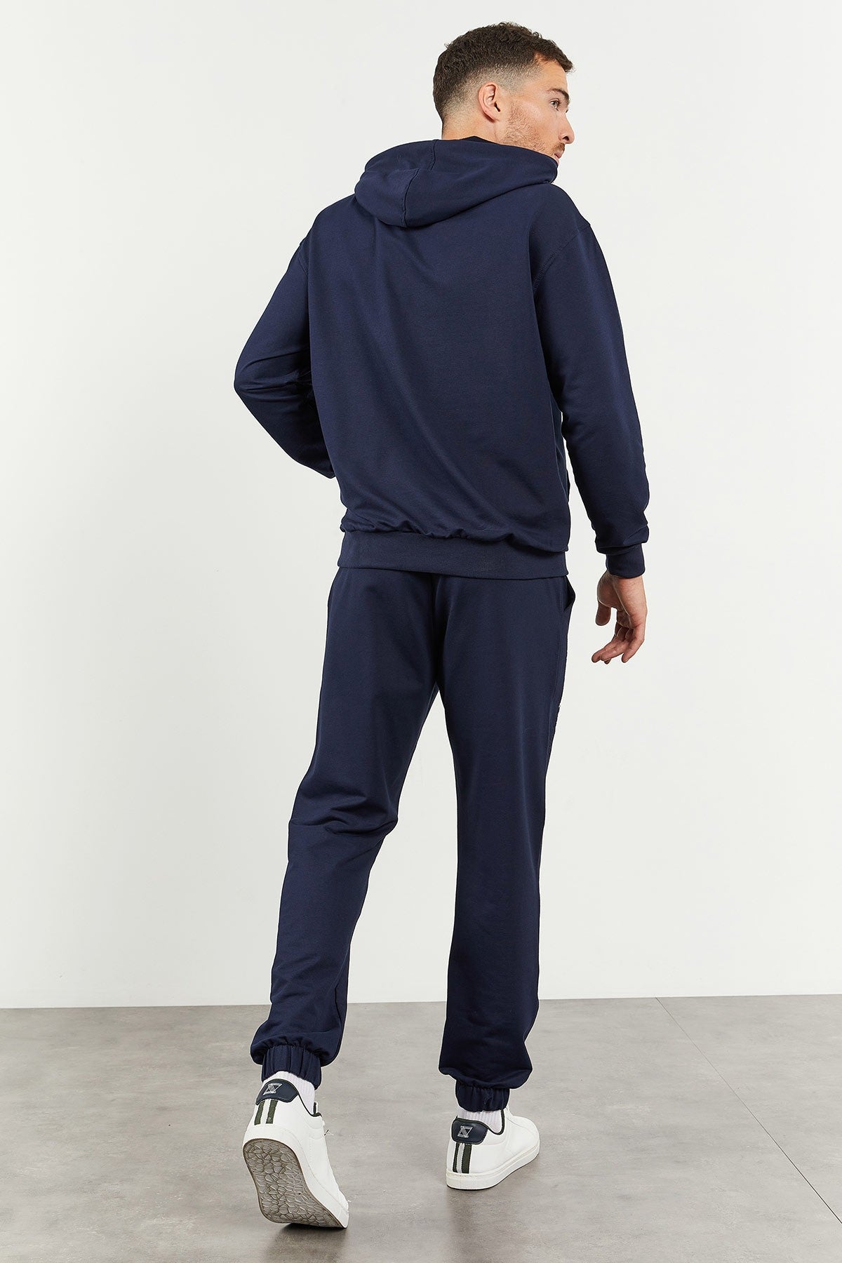 Indigo Hooded Kangaroo Pocket Elastic Cuffed Men's Oversize Tracksuit Set - 85117