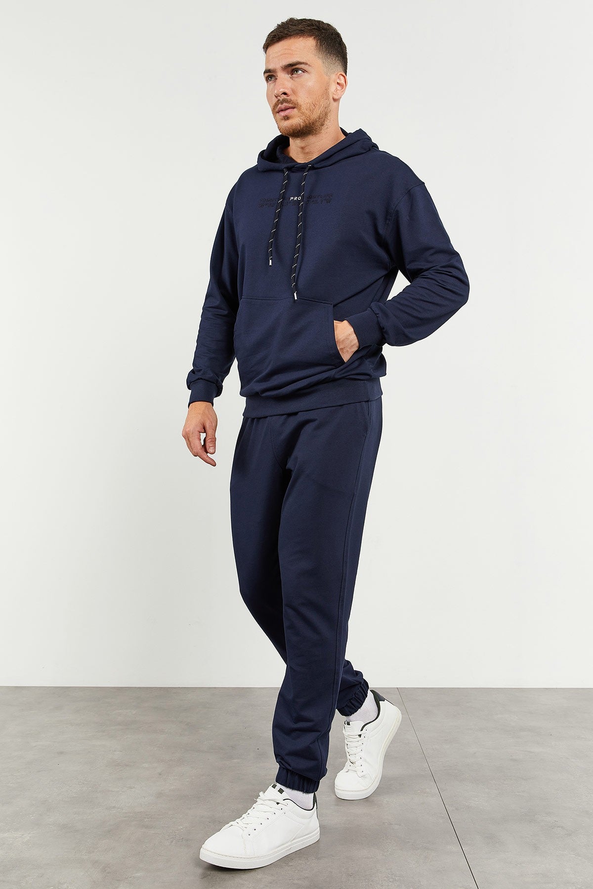 Indigo Hooded Kangaroo Pocket Elastic Cuffed Men's Oversize Tracksuit Set - 85117