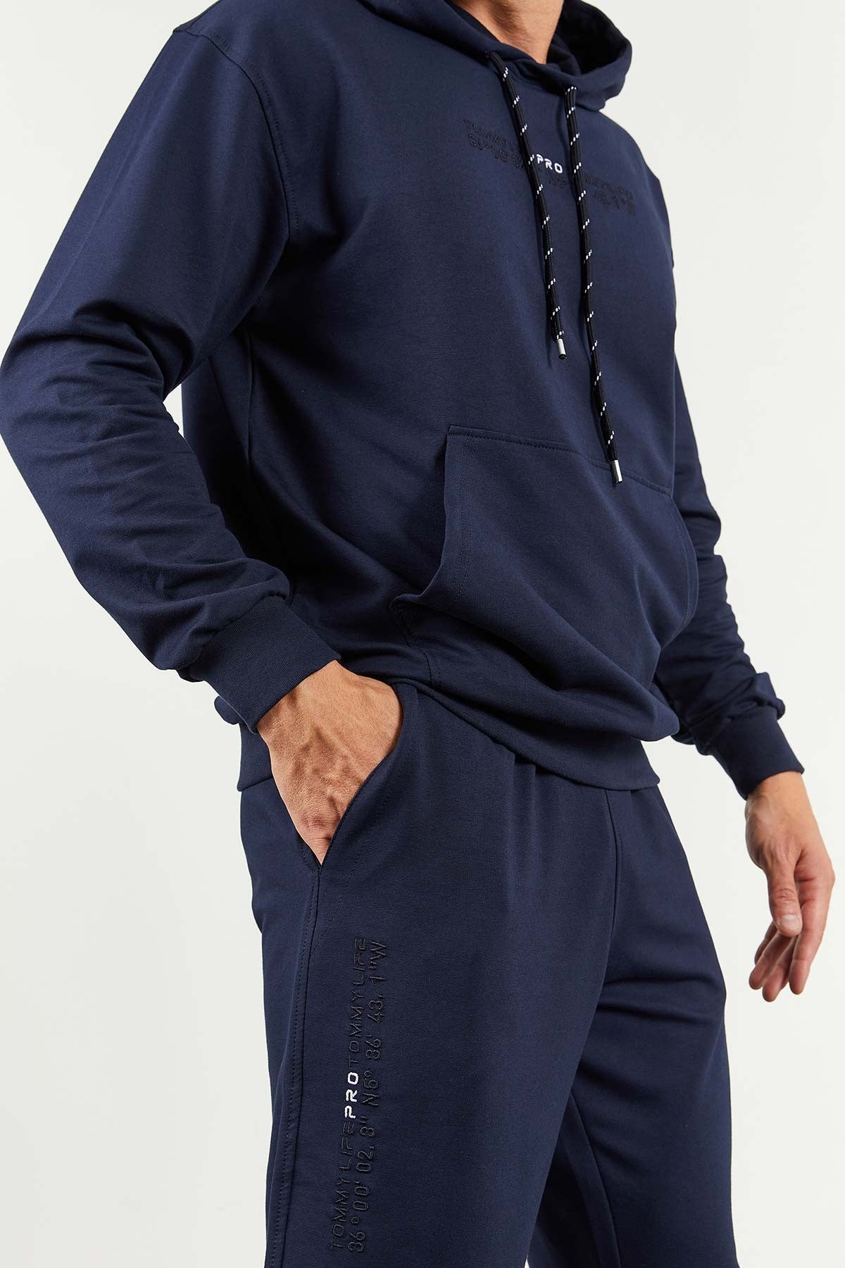 Indigo Hooded Kangaroo Pocket Elastic Cuffed Men's Oversize Tracksuit Set - 85117