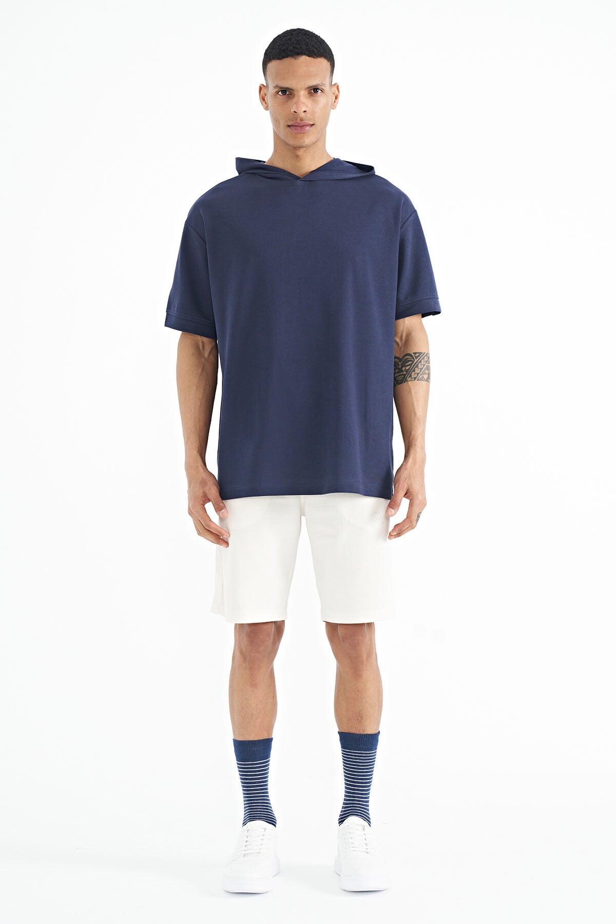 Indigo Hooded Sleeve Label Detailed Oversize Men's T-shirt - 88179