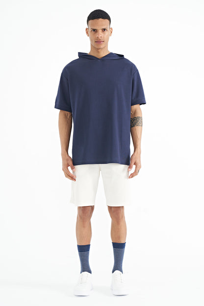 Indigo Hooded Sleeve Label Detailed Oversize Men's T-shirt - 88179