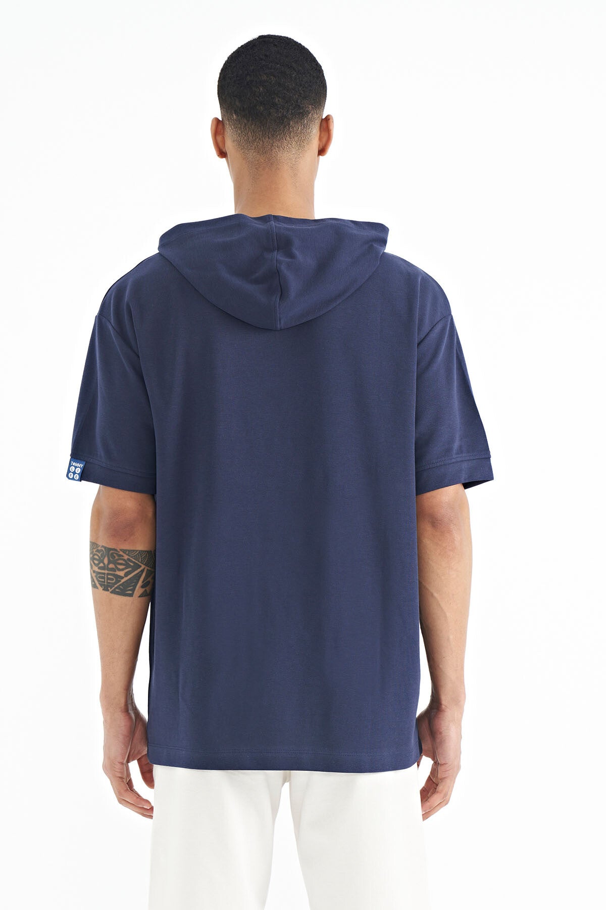 Indigo Hooded Sleeve Label Detailed Oversize Men's T-shirt - 88179
