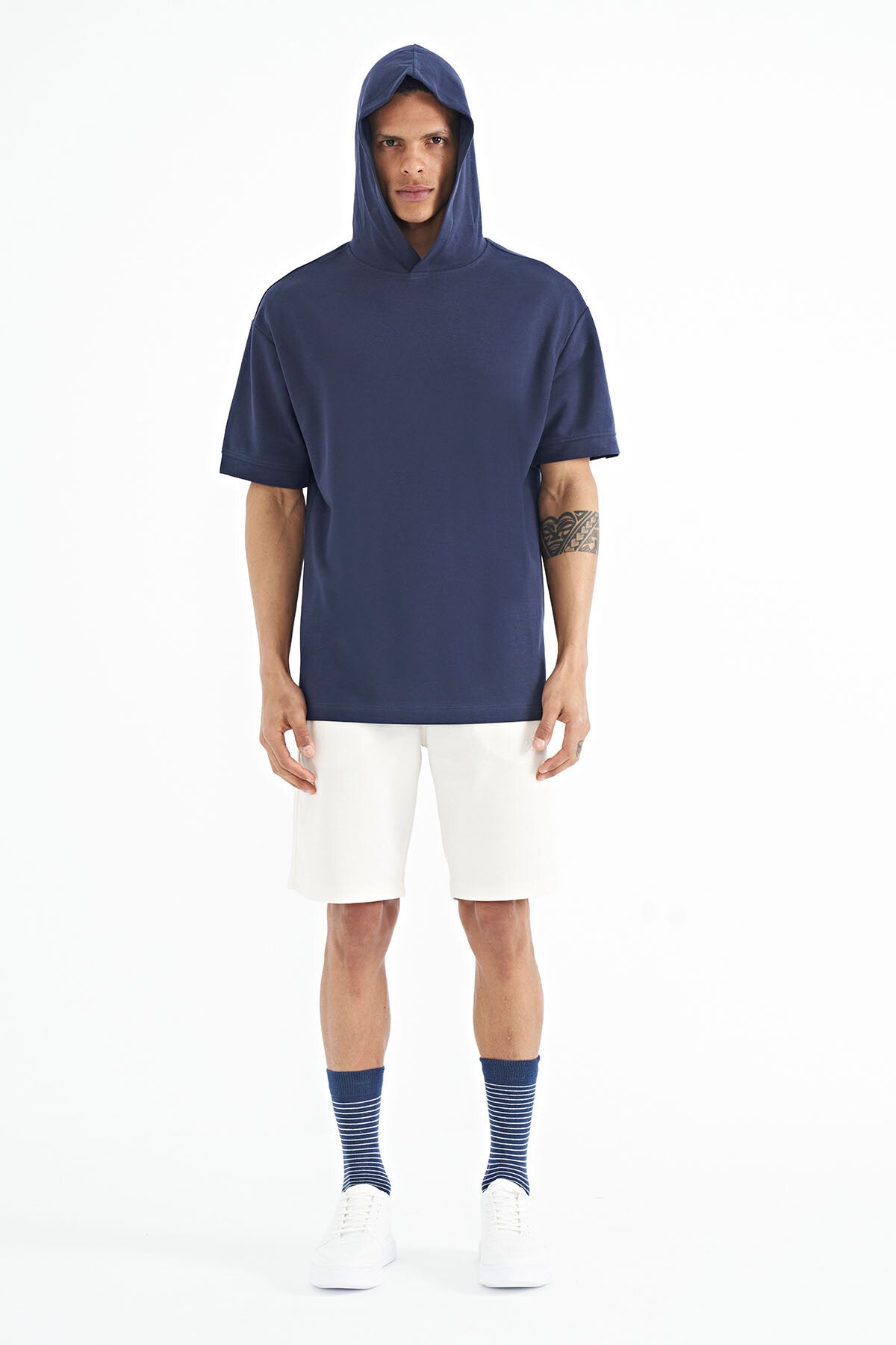 Indigo Hooded Sleeve Label Detailed Oversize Men's T-shirt - 88179
