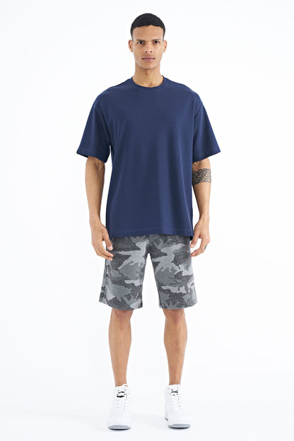 Indigo Sleeve Detailed Basic Oversize Men's T-Shirt - 88193