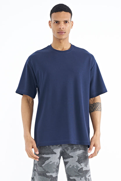 Indigo Sleeve Detailed Basic Oversize Men's T-Shirt - 88193