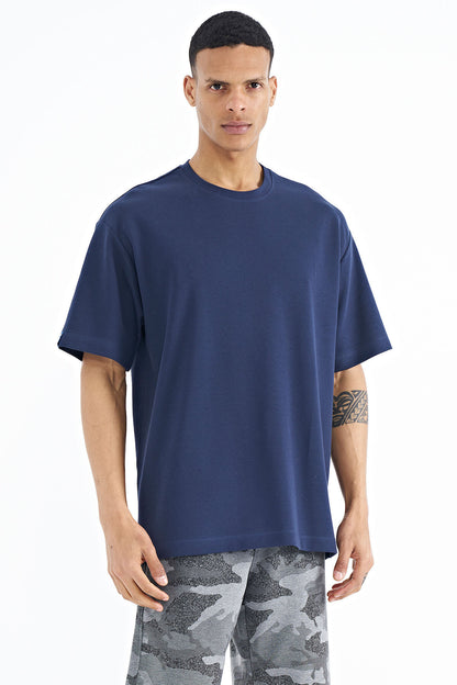 Indigo Sleeve Detailed Basic Oversize Men's T-Shirt - 88193