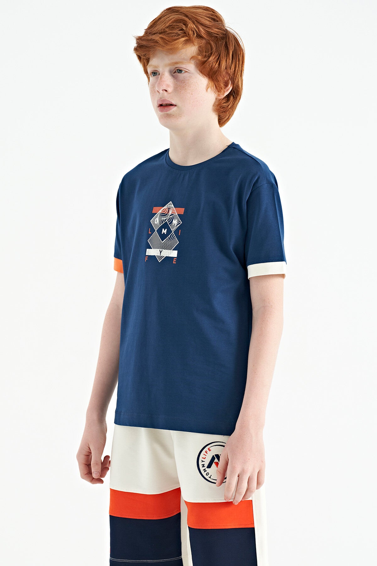 Indigo Cuff Colored Detailed Printed Oversize Boys' T-Shirt - 11137