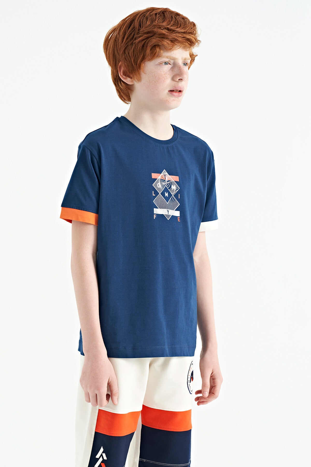 Indigo Cuff Colored Detailed Printed Oversize Boys' T-Shirt - 11137