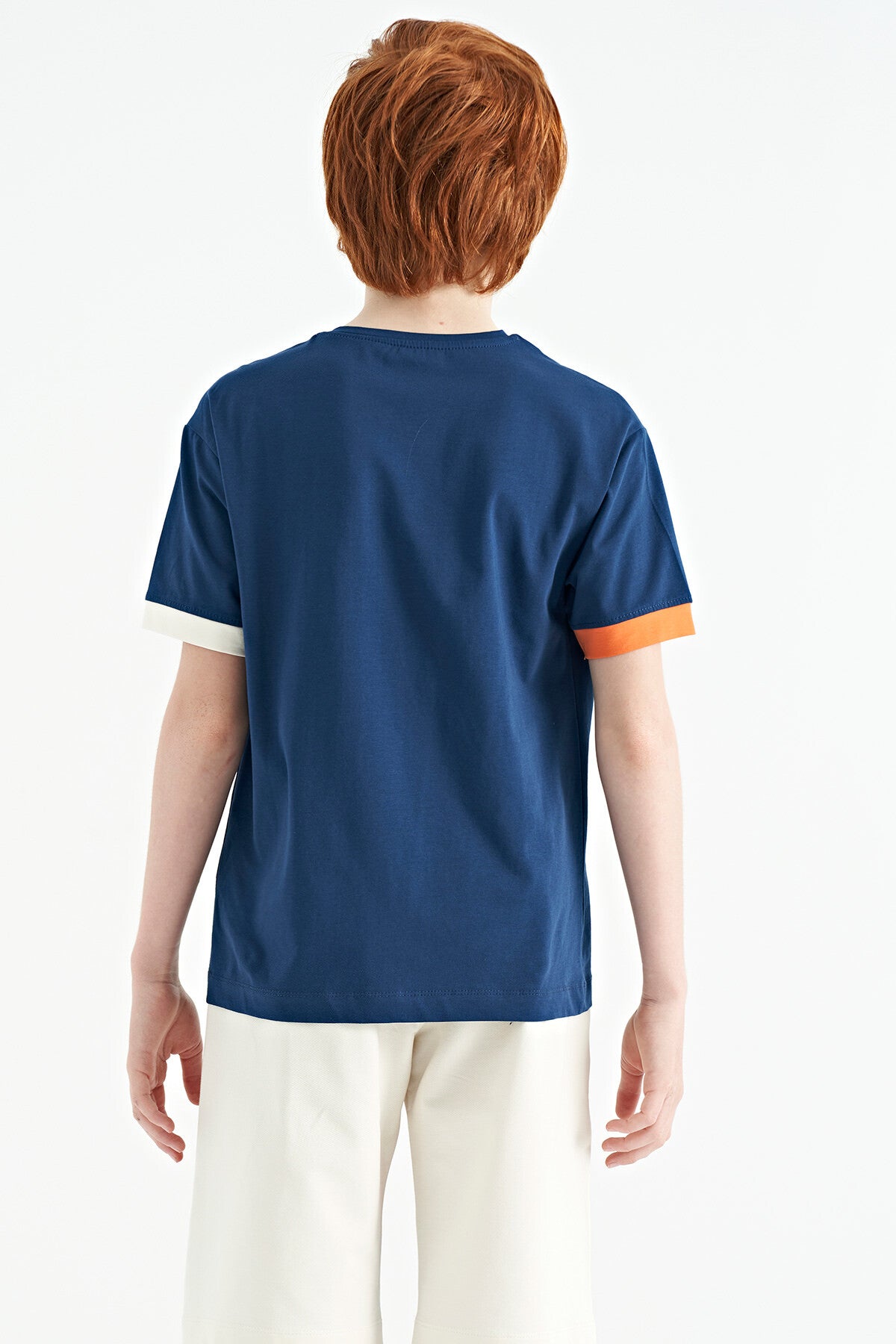 Indigo Cuff Colored Detailed Printed Oversize Boys' T-Shirt - 11137