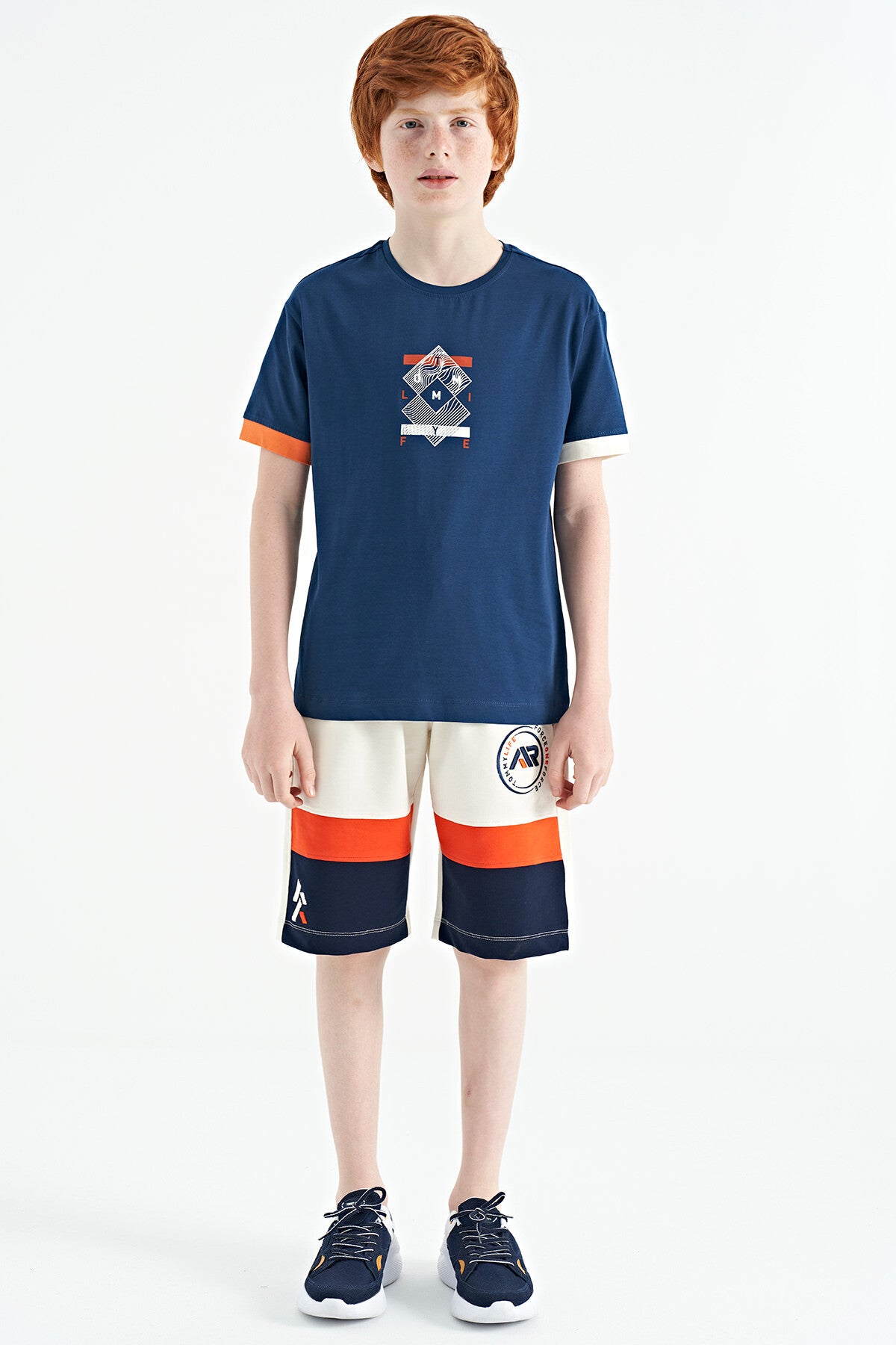 Indigo Cuff Colored Detailed Printed Oversize Boys' T-Shirt - 11137