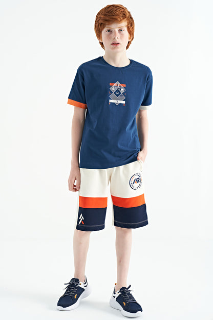 Indigo Cuff Colored Detailed Printed Oversize Boys' T-Shirt - 11137