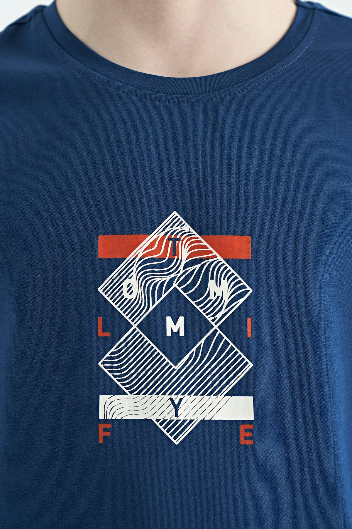 Indigo Cuff Colored Detailed Printed Oversize Boys' T-Shirt - 11137