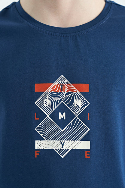 Indigo Cuff Colored Detailed Printed Oversize Boys' T-Shirt - 11137