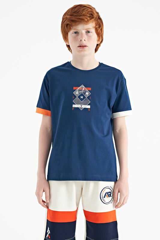 Indigo Cuff Colored Detailed Printed Oversize Boys' T-Shirt - 11137