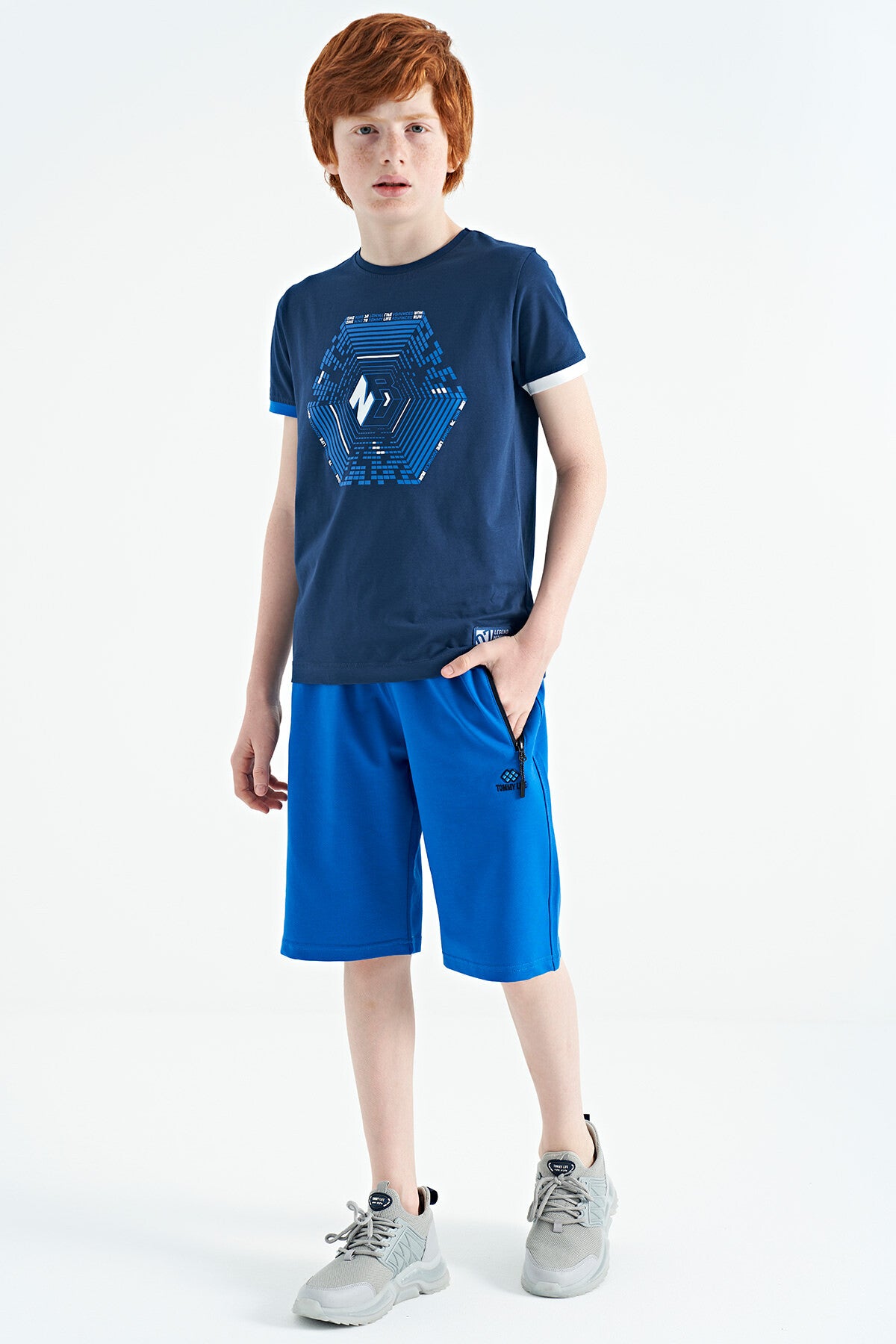 Indigo Cuff Colored Detailed Printed Standard Fit Boys' T-Shirt - 11156