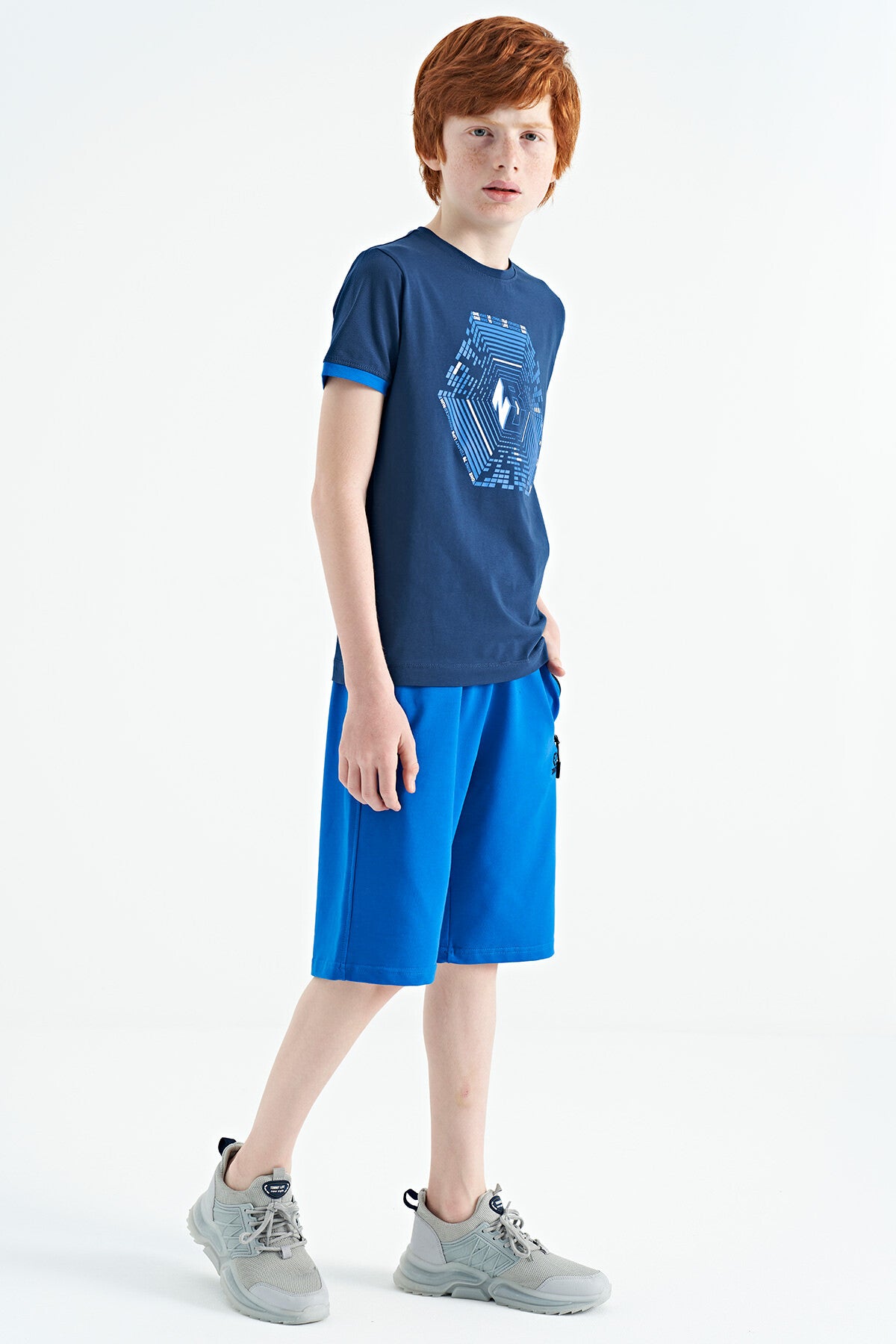 Indigo Cuff Colored Detailed Printed Standard Fit Boys' T-Shirt - 11156