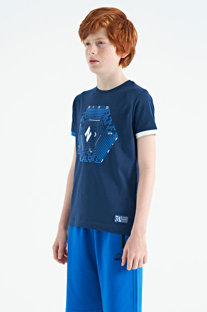 Indigo Cuff Colored Detailed Printed Standard Fit Boys' T-Shirt - 11156