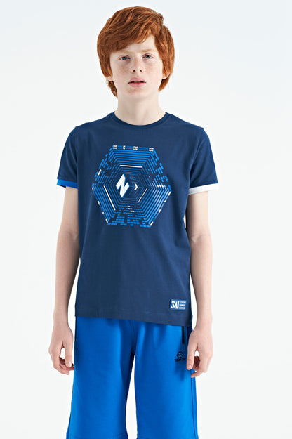 Indigo Cuff Colored Detailed Printed Standard Fit Boys' T-Shirt - 11156