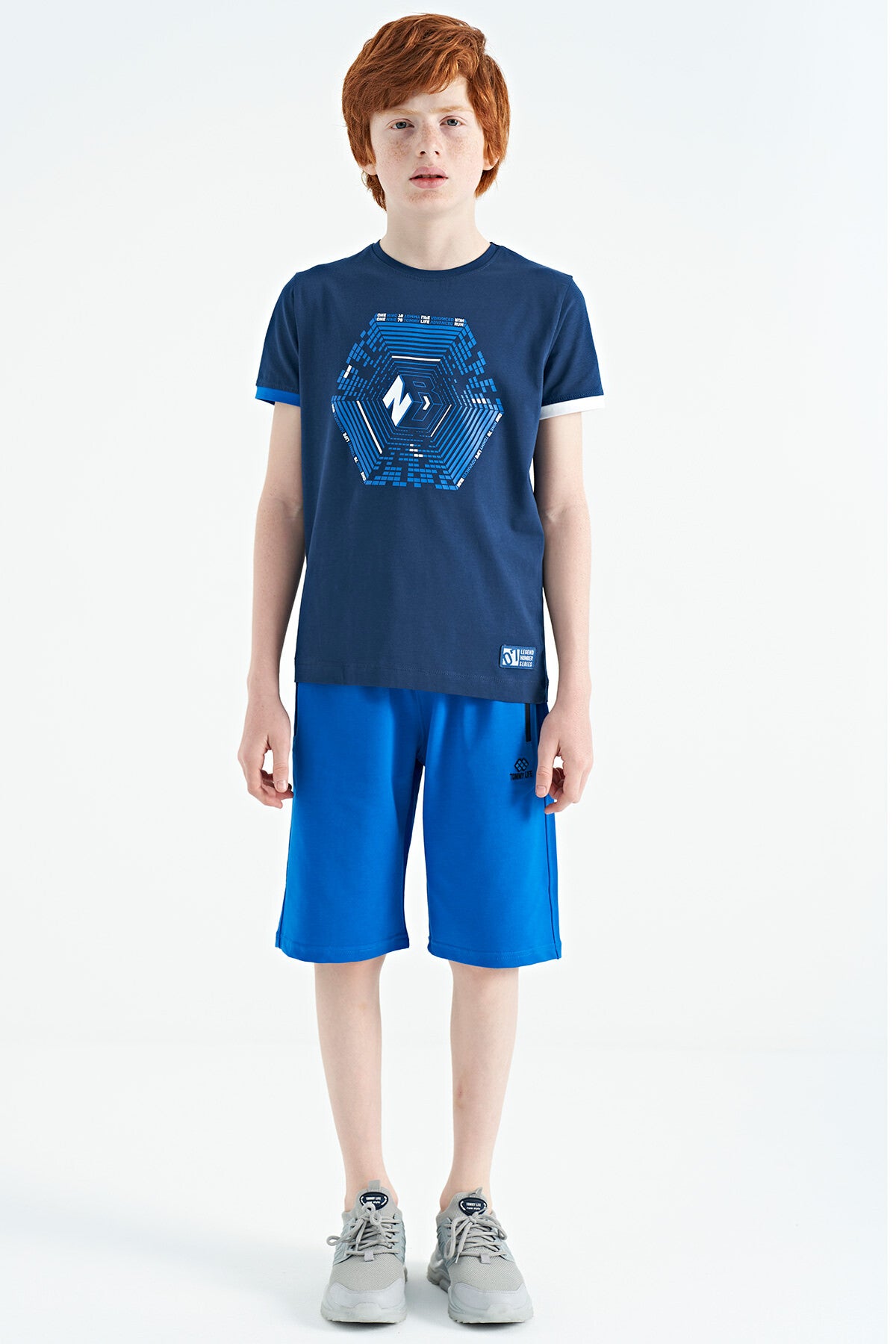 Indigo Cuff Colored Detailed Printed Standard Fit Boys' T-Shirt - 11156