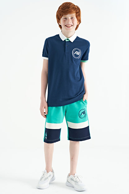 Indigo Cuff Colored Logo Embroidered Standard Fit Polo Collar Boys T-Shirt - 11138