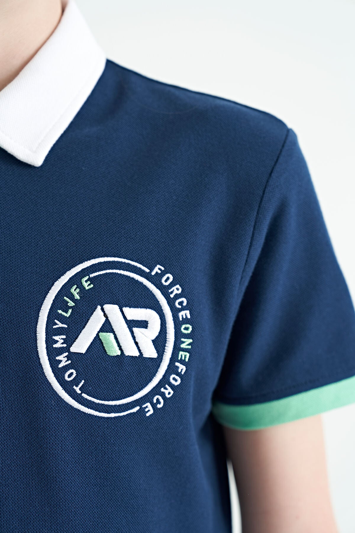 Indigo Cuff Colored Logo Embroidered Standard Fit Polo Collar Boys T-Shirt - 11138