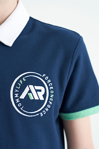 Indigo Cuff Colored Logo Embroidered Standard Fit Polo Collar Boys T-Shirt - 11138