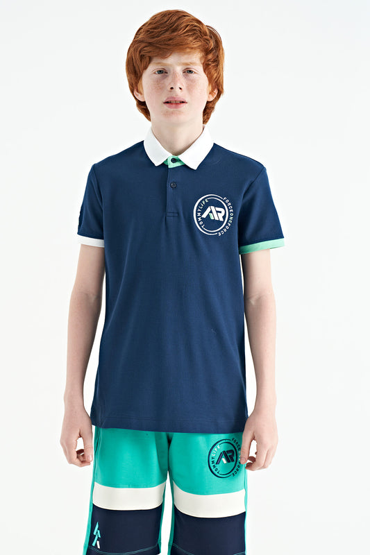 Indigo Cuff Colored Logo Embroidered Standard Fit Polo Collar Boys T-Shirt - 11138